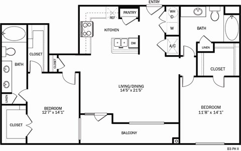 Floor plan for 2 beds, 2 baths, 1278 sqft